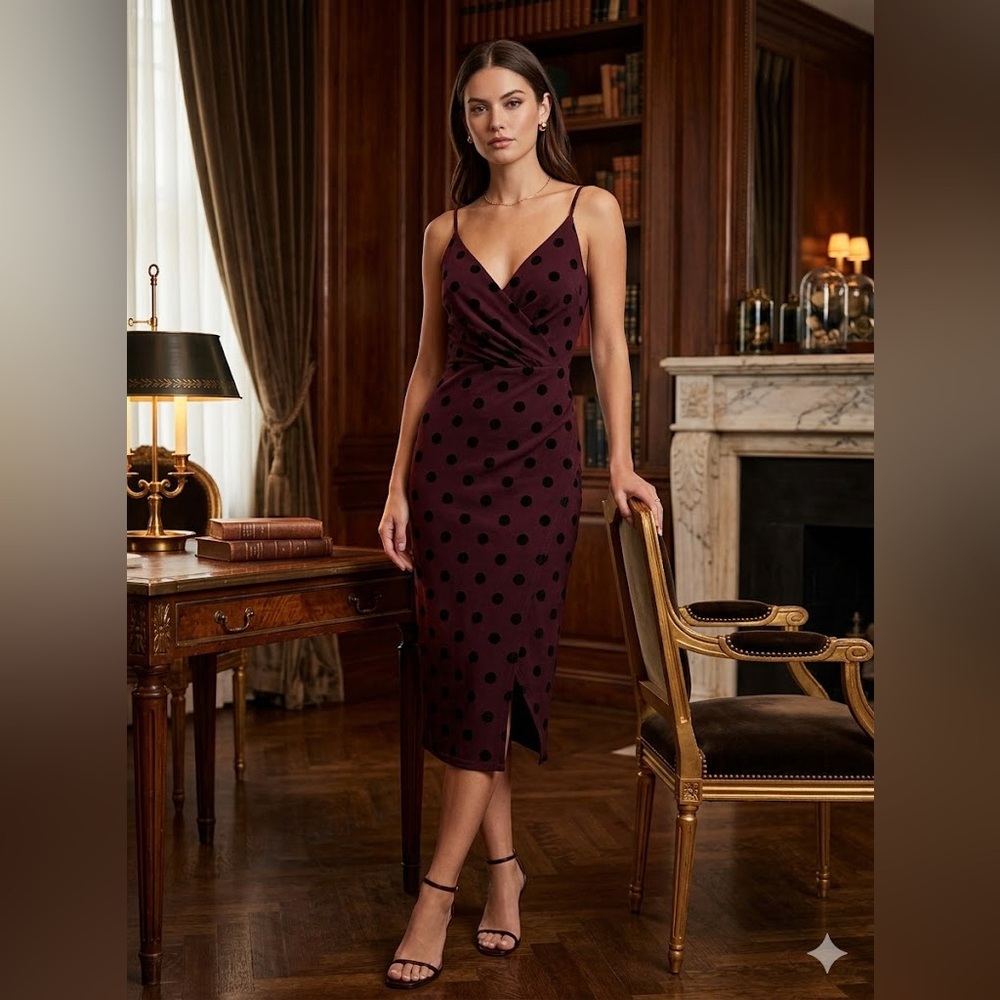 Speechless Burgundy and Black Polka Dot Midi Dress 106